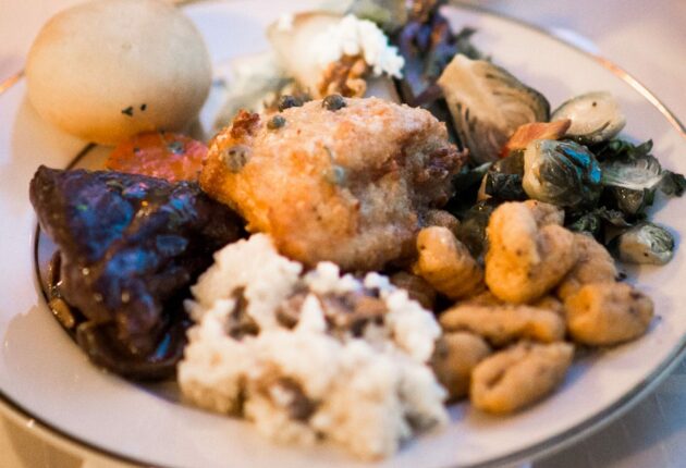 Braised Beef Short Ribs, Chicken Picatta Roulade, Risotto, Sweet Potato Gnocchi & Brussel Sprouts platted
