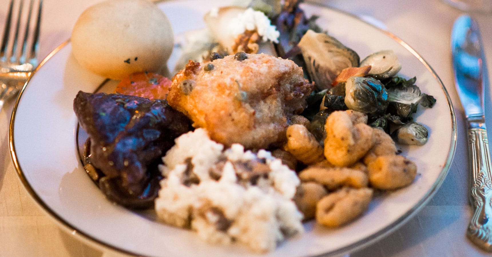 Braised Beef Short Ribs, Chicken Picatta Roulade, Risotto, Sweet Potato Gnocchi & Brussel Sprouts platted