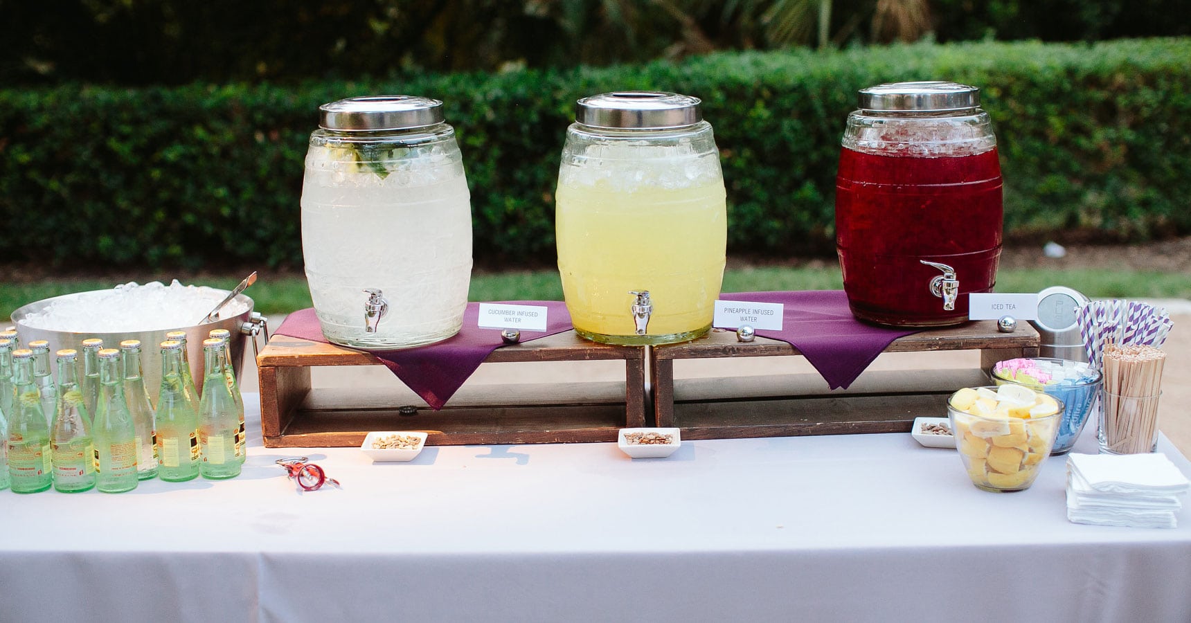 Beverage table at a wedding by Crave Catering